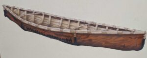 An acrylic painting of an elm bark canoe