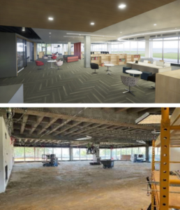 Above, a rendering shows the designed common space for students that outlooks the fountains outside the C building. Below, the progress of where the space will be built is displayed.