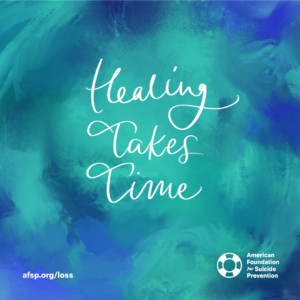blue graphic that reads "healing takes time"