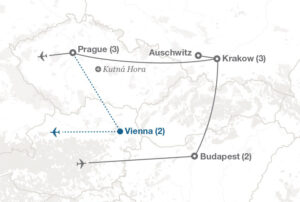 map of Eastern Europe showing where the study abroad trip is stopping. it goes to Budapest, Krakow, Auschwitz, Prague, and then Vienna