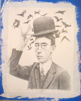 drawing of a man in a top hat with bats