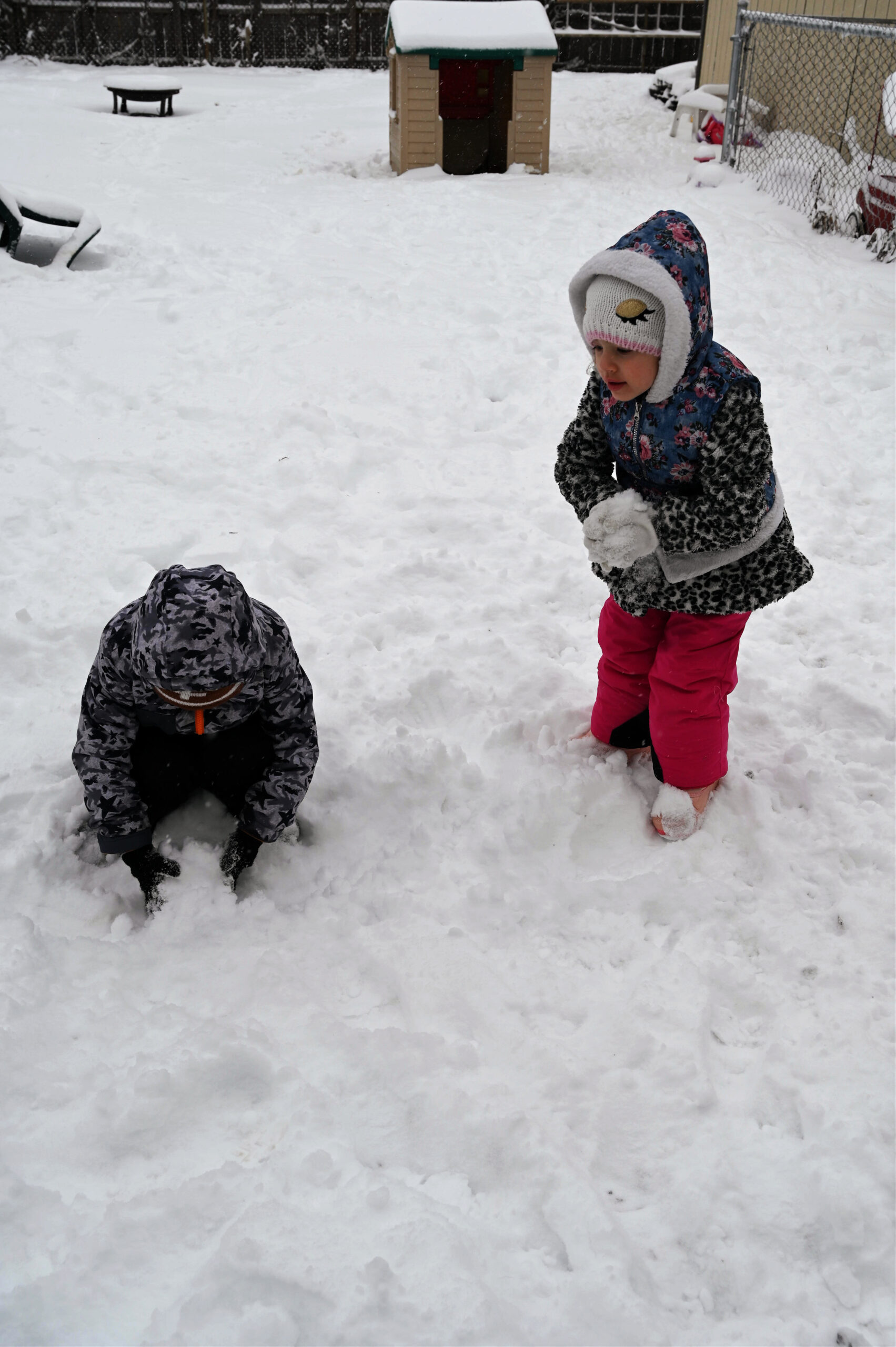 two small children playing in snow
